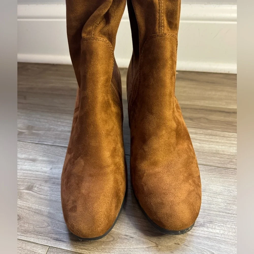 DREAM PAIRS Laurence Chunky Heel Thigh High Boots Brown-Suede Size 9